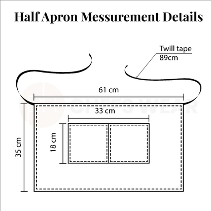 Measurement details of a half apron with dimensions labeled.