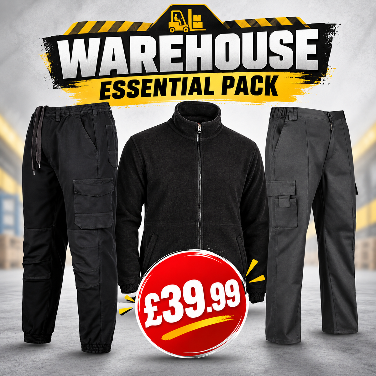 Warehouse Essential Pack – 3-piece warehouse workwear bundle with cargo trousers, fleece jacket and cargo joggers