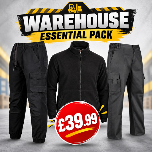 Warehouse Essential Pack – 3-piece warehouse workwear bundle with cargo trousers, fleece jacket and cargo joggers