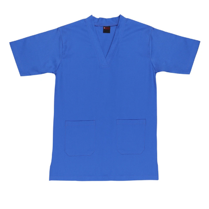 Blue scrub top with two pockets on a white background