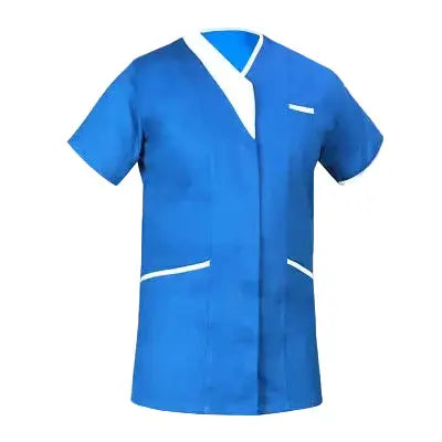 A bright blue short-sleeve medical scrub top with white contrast trim along the V-neck, sleeve cuffs, and pockets, shown against a light gray gradient background.