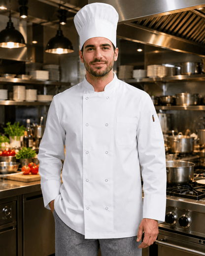 A man wearing a white double-breasted chef jacket and a tall white chef's hat stands in a professional kitchen with stainless steel equipment and pots in the background.