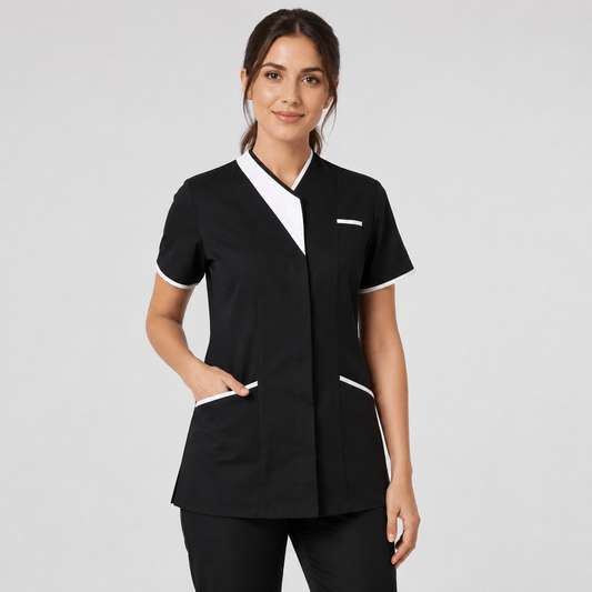 A woman modeling a black short-sleeve medical tunic with white contrast trim on the V-neck, sleeve cuffs, and pocket edges, paired with black scrub pants against a light gray studio background