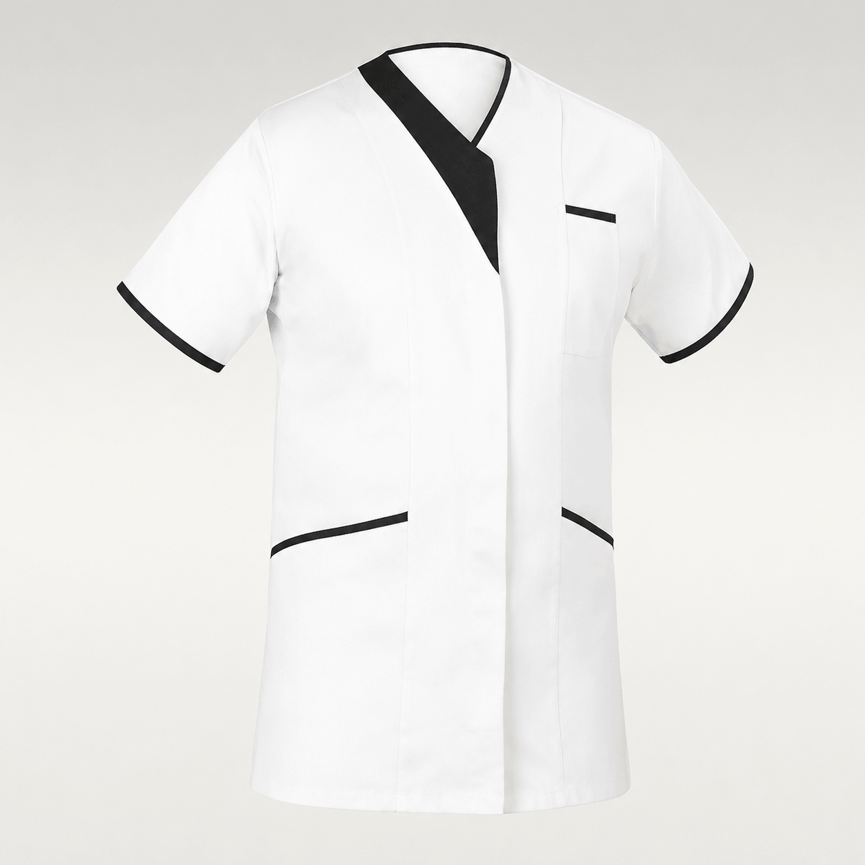 A white short-sleeve medical scrub top with black trim on the V-neckline, sleeve cuffs, and pocket edges, shown against a light gray background.