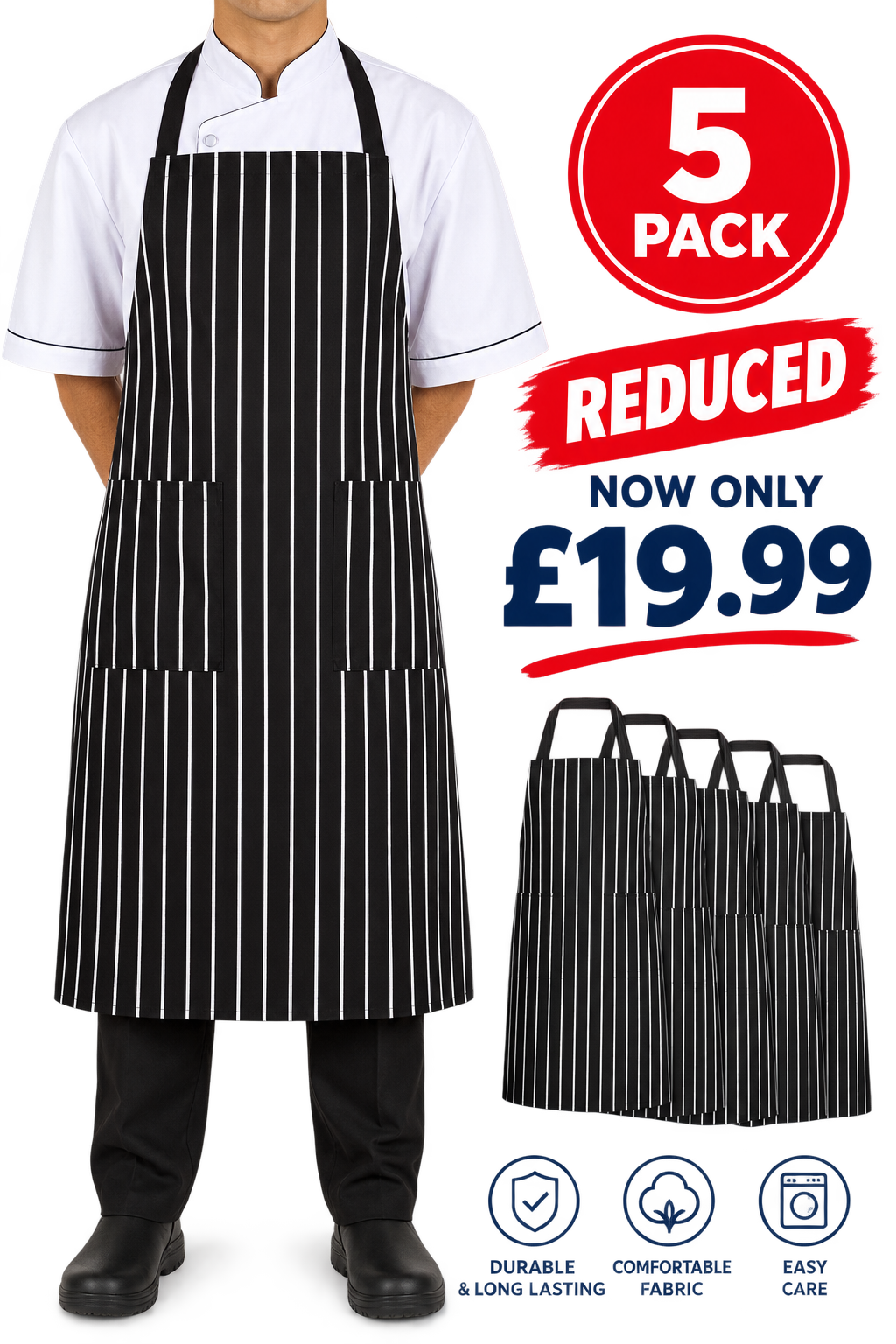 5 pack striped aprons for catering kitchen and hospitality workwear
